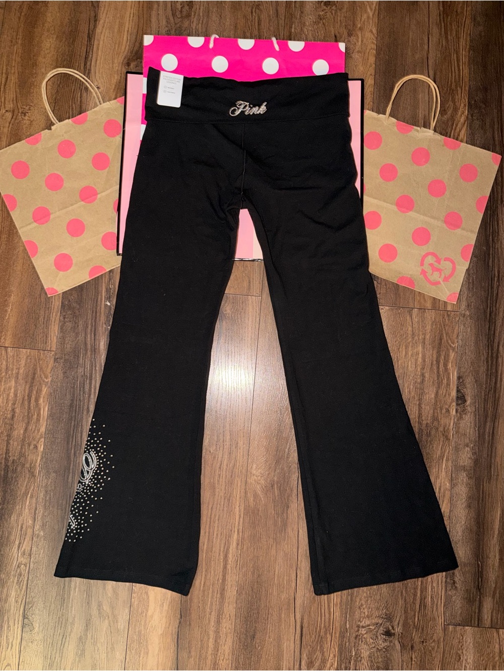 NWT VS PINK Size LARGE Fold Over Flare Bling Logo Legging.